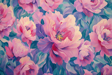 Vibrant Floral Painting of Pink Peonies with Lush Green Leaves