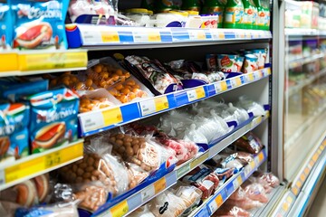 Refrigerated Food Products On Shelves In Grocery Store
