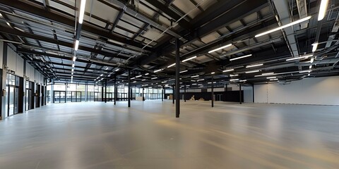 Fototapeta premium Empty Large Industrial Warehouse Space With Steel Beams And Concrete Floor
