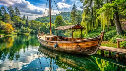 Fototapeta premium Rustic wooden sailboat with peeling paint and intricate carvings, docked alongside a tranquil lake, surrounded by lush greenery and serene atmosphere.