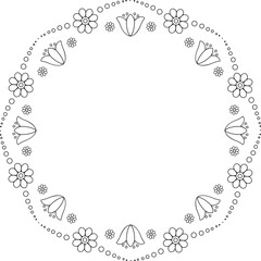Minimalist childish linear flowers blooming border. Isolated copy space embroidery template or coloring page.