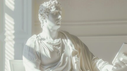 A statue of a man sitting in front of an open book. AI.