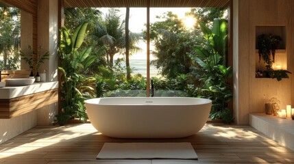 Tropical Paradise Bathroom with Ocean View - Generative AI