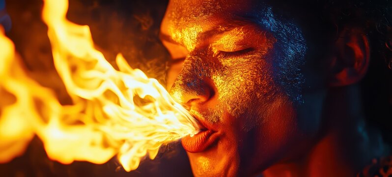 Fire dancer face illuminated by the intense light of the flames