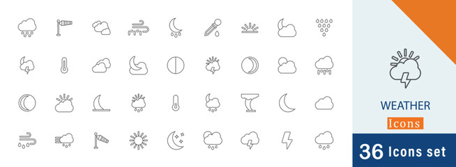 Set of 36 weather editable line icon style containing snowflake, sunny, rainy, barometer, thermometer, cloudy , sun and more stroke