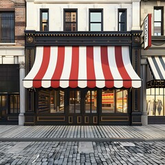 Obraz premium Red and White Striped Awning Over A Shop in City