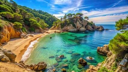 Obraz premium Sandy beach with turquoise waters, rocky cliffs, and lush green vegetation along the scenic coastline of Costa Brava, Spain, under a clear blue sky.