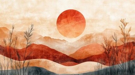 Abstract sunset over colorful mountains with silhouette plants in a desert landscape