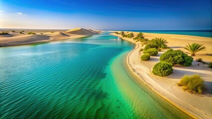 Sandy dunes meet turquoise waters at the tranquil Umm Al Quwain coastline, a serene and isolated spot for relaxation in the United Arab Emirates.