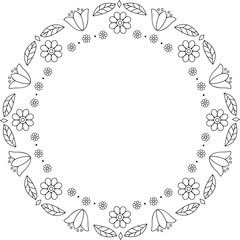 Black outline cute flowers round border. Isolated embroidery frame. Copy space template or coloring page.