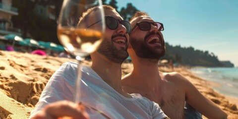 Two friends laughing and enjoying a sunny day at the beach. AI.