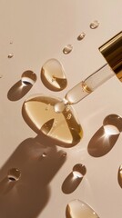 Obraz premium An elegant dropper bottle is positioned above a textured surface, showcasing its golden accents and reflecting light. Drops of liquid glisten nearby, enhancing its luxurious appeal