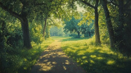 Fototapeta premium A Sun-Dappled Path Through a Lush Green Forest