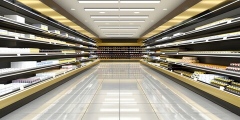 Obraz premium Empty Grocery Store Aisle with Shelves Full of Products