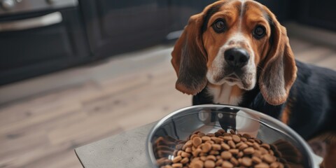 Hound Dog Appealing for Food Beside a Bowl of Dry Kibble Pet Feeding Idea