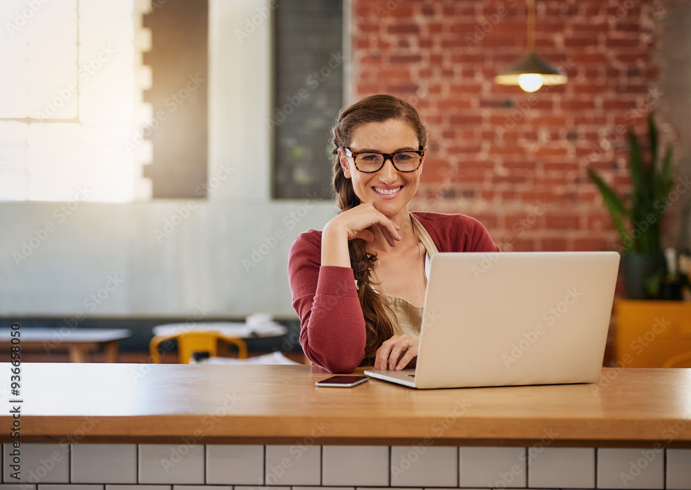 Wall mural Portrait, woman and smile with laptop at cafe creative writing, online research or information of article draft. Happy, female writer and glasses with digital for editing story, feedback or news blog