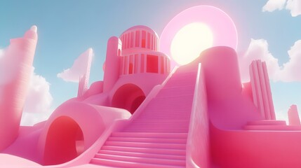 Pink Abstract Castle with Stairs and Sun