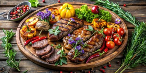 Fototapeta premium Savory grilled meats, perfectly charred and juicy, are artfully arranged on a rustic wooden platter, surrounded by fresh herbs and vibrant summer flowers.