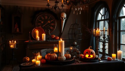 Obraz premium A spooky Halloween dining table set with a black tablecloth, candles, pumpkins, a skull, and a clock, decorated with dark and moody accents, creating a mysterious and inviting atmosphere.
