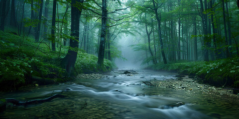 Obraz premium Foggy forest in cloudy weather