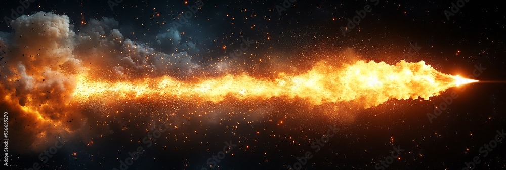 Poster vector illustration of spark igniting line of gunpowder representing start of chain reaction trigger