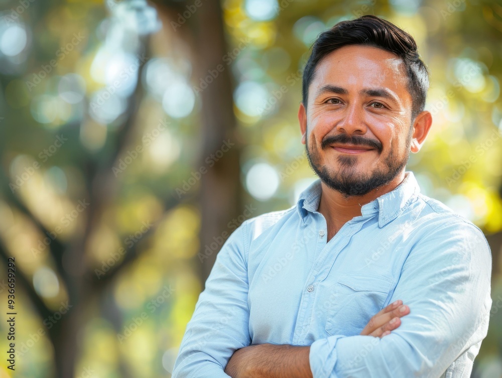 Poster a man with a beard and mustache standing in front of trees. ai.