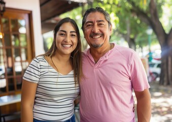 A man and woman standing next to each other smiling. AI.