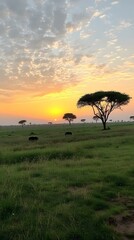 Obraz premium African Savanna Sunset with Silhouettes of Trees and Animals