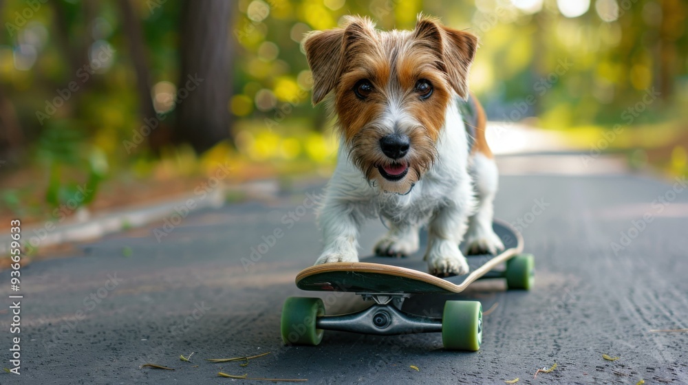 Canvas Prints A small dog riding on top of a skateboard down the street. AI.