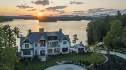 A large house sits on a lake surrounded by trees. AI.