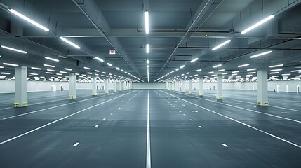Fototapeta premium Empty Parking Garage with White Lines and Fluorescent Lights