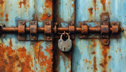 The rusty metal door is locked, exuding a sense of history.