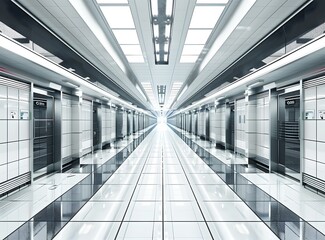 Fototapeta premium Futuristic White Corridor With Doors on Both Sides