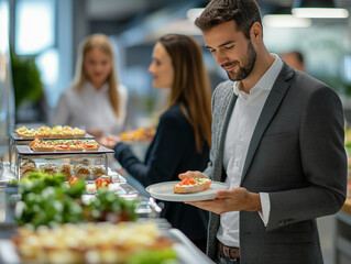 Men and women enjoying a buffet lunch at a modern corporate event, selecting fresh gourmet dishes in a stylish dining area