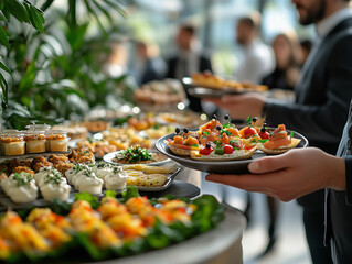 A stylish buffet featuring a variety of gourmet appetizers at a sophisticated social gathering in an elegant setting