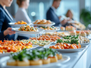 Elegant buffet display featuring a variety of gourmet dishes at a corporate event in a modern venue during the afternoon