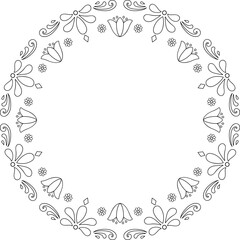 Black linear bellflowers and round ornament frame. Decorative blossoming frame border. Copy space isolated frame