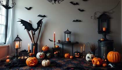 A spooky Halloween interior scene with jack-o-lanterns, bats, candles, and a black and white rug.