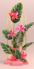Obraz premium Tropical Floral Arrangement with Golden Frame and Pink Background