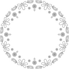 Black linear flower motifs in round ornament frame. Isolated frame border. Copy space blossomy lace