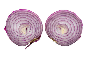 Two symmetrical halves of a red onion showcasing detailed layers and textures, isolated on a white background. The vibrant purple hues and natural patterns are clearly visible. PNG File,