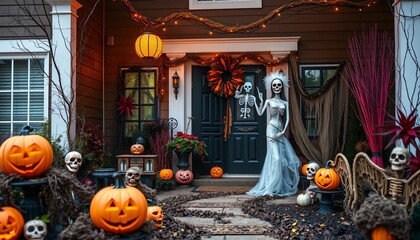 A spooky Halloween scene with pumpkins, skeletons, and a ghostly bride outside a home.