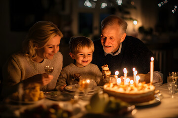 Intergenerational Family Celebrating Birthday Together with Cake and Candles at Home During the Evening, Creating Loving and Joyful Memories Together