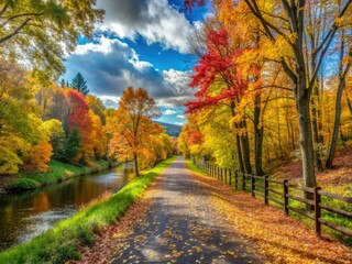 Naklejka premium Serene autumn scenery unfolds along the Wallkill Valley Rail Trail, a 23.7-mile linear park, with vibrant fall foliage and tranquil rural landscapes in Ulster County, New York.