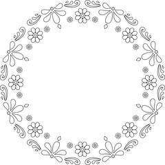 Black linear flowers and round ornament frame. Isolated frame border. Copy space blossomy lace