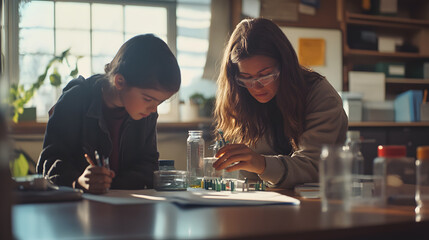 Teacher and student engaged in hands-on science experiment in a bright classroom, promoting interactive learning and educational curiosity