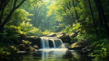 A serene waterfall cascades into a tranquil pool surrounded by lush greenery in a sunlit forest