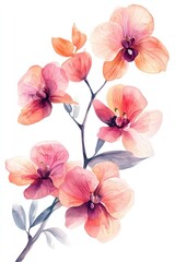 Beautiful Watercolor Painting of Pink and Orange Orchids on a White Background