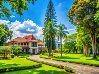 Naklejka premium Serene campus scenery in Cikampek, Indonesia, featuring majestic trees with lush green foliage standing tall in the front yard on a sunny day.