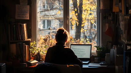 Student Studying at Home with Laptop on Desk in Cozy Room with Books and Plants, Autumn Day Through Window, Focused on Online Learning